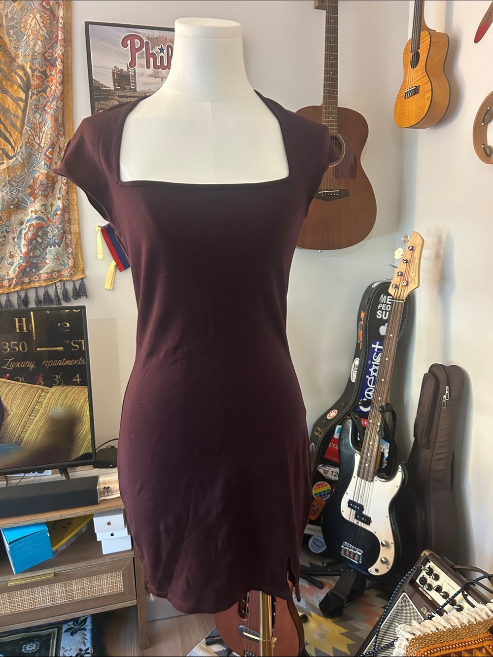 H&M Women’s Square Neck Burgundy Dress